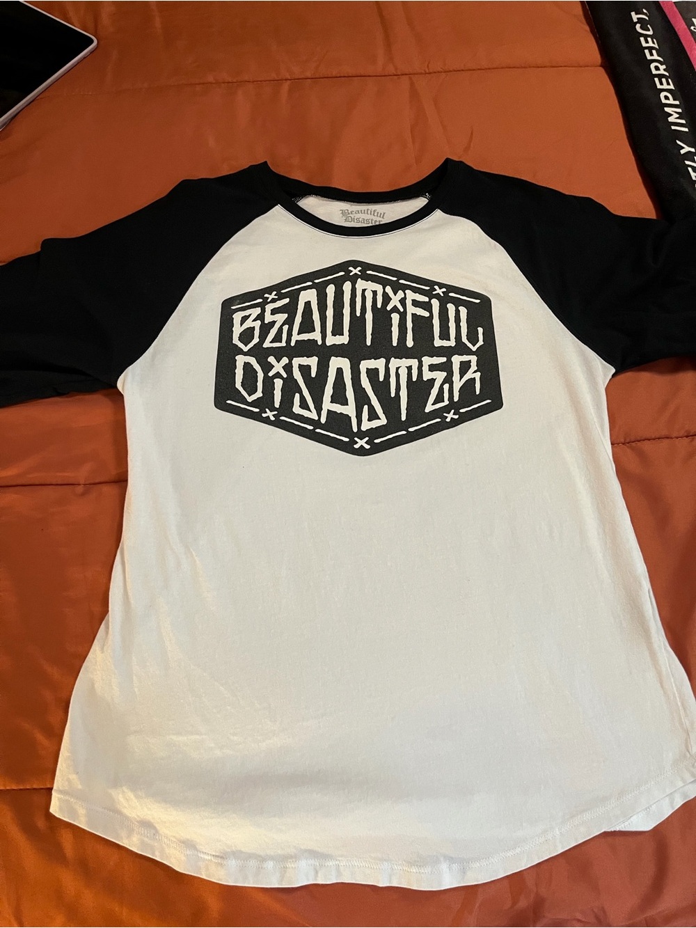 Beautiful Disaster Women's White & Black Raglan Long Sleeve Tee
